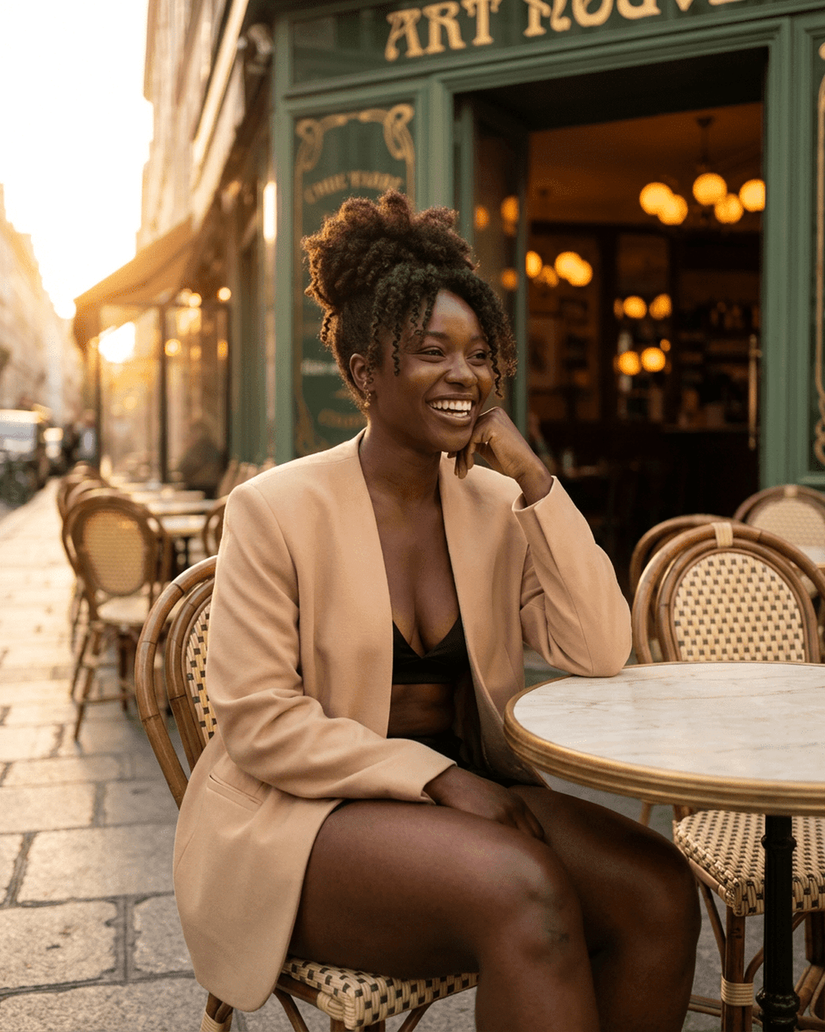 Savona Blazer by SLIMONA worn by a smiling woman in a chic café setting, showcasing modern elegance.