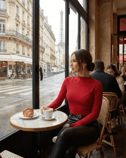 Scarlet Blouse worn by a woman at a café with a view of the Eiffel Tower, showcasing its elegant style.