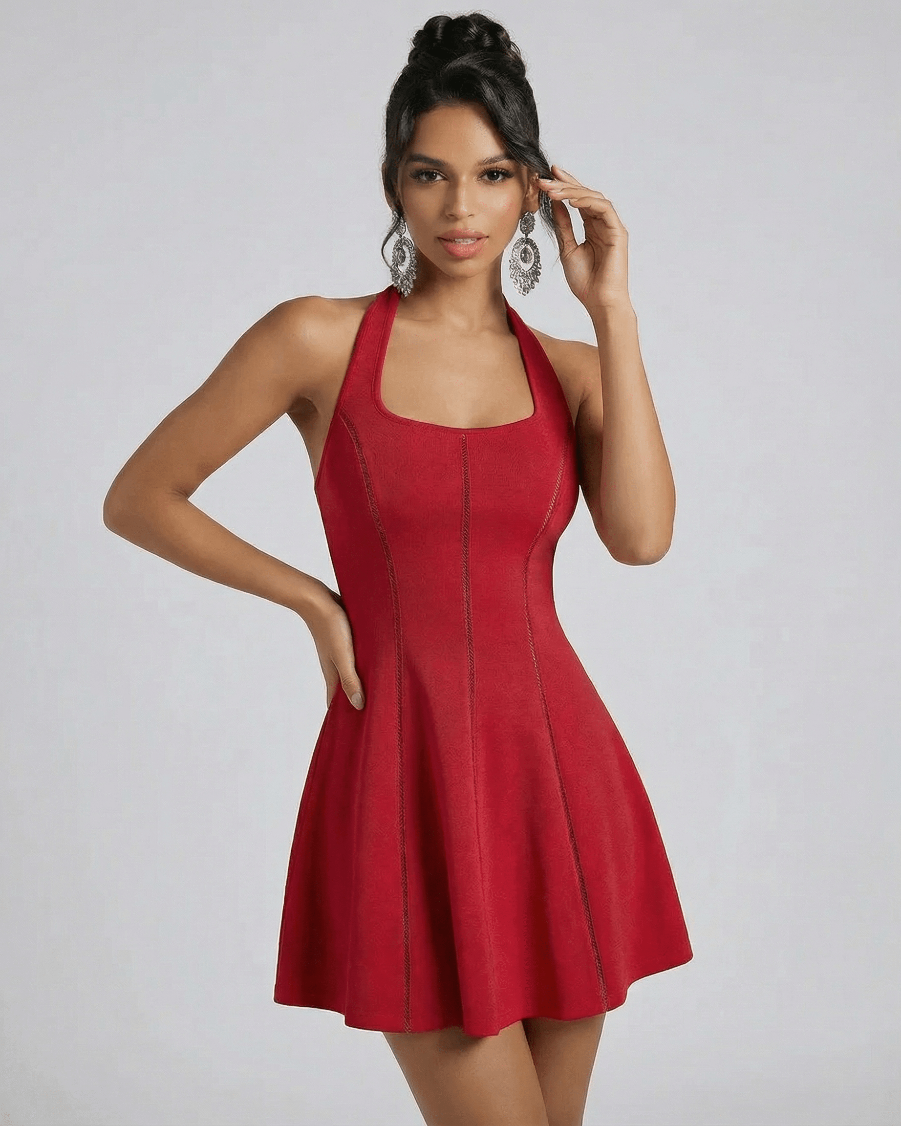 Scarlet Mini Dress by SLIMONA featuring a red flared silhouette and U-neckline, ideal for elevated occasions.