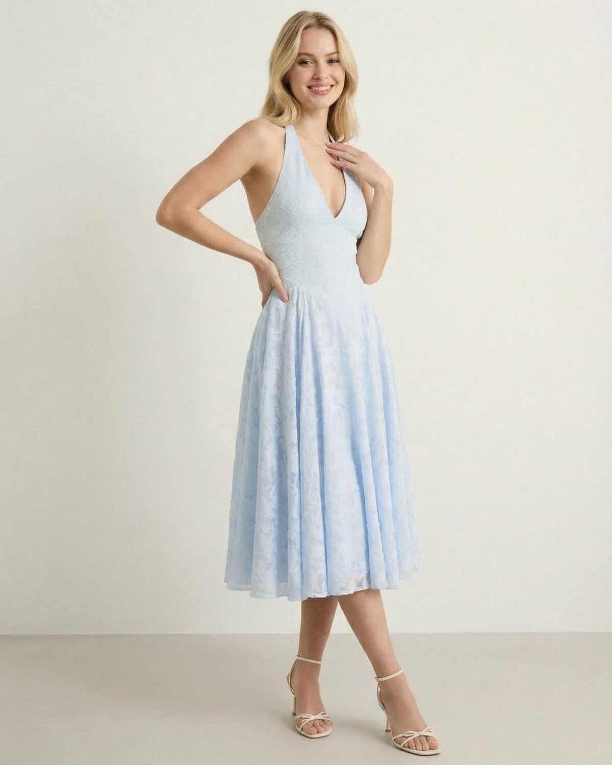 Selene Midi Dress by SLIMONA - Elegant A-Line silhouette in soft blue jacquard texture, perfect for modern occasions.