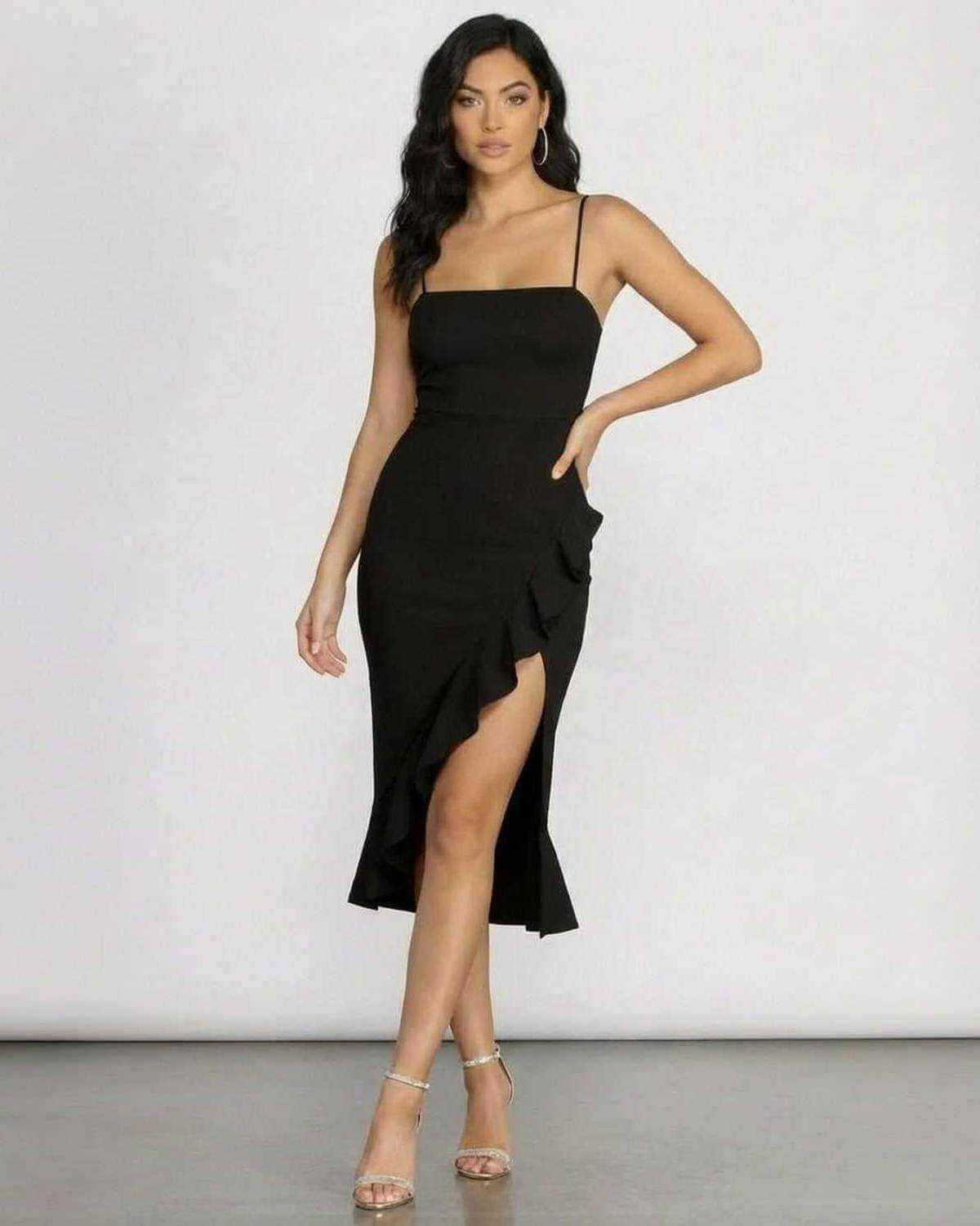 Selene Midi Dress by SLIMONA featuring an elegant ruffle slit silhouette, perfect for modern evenings.
