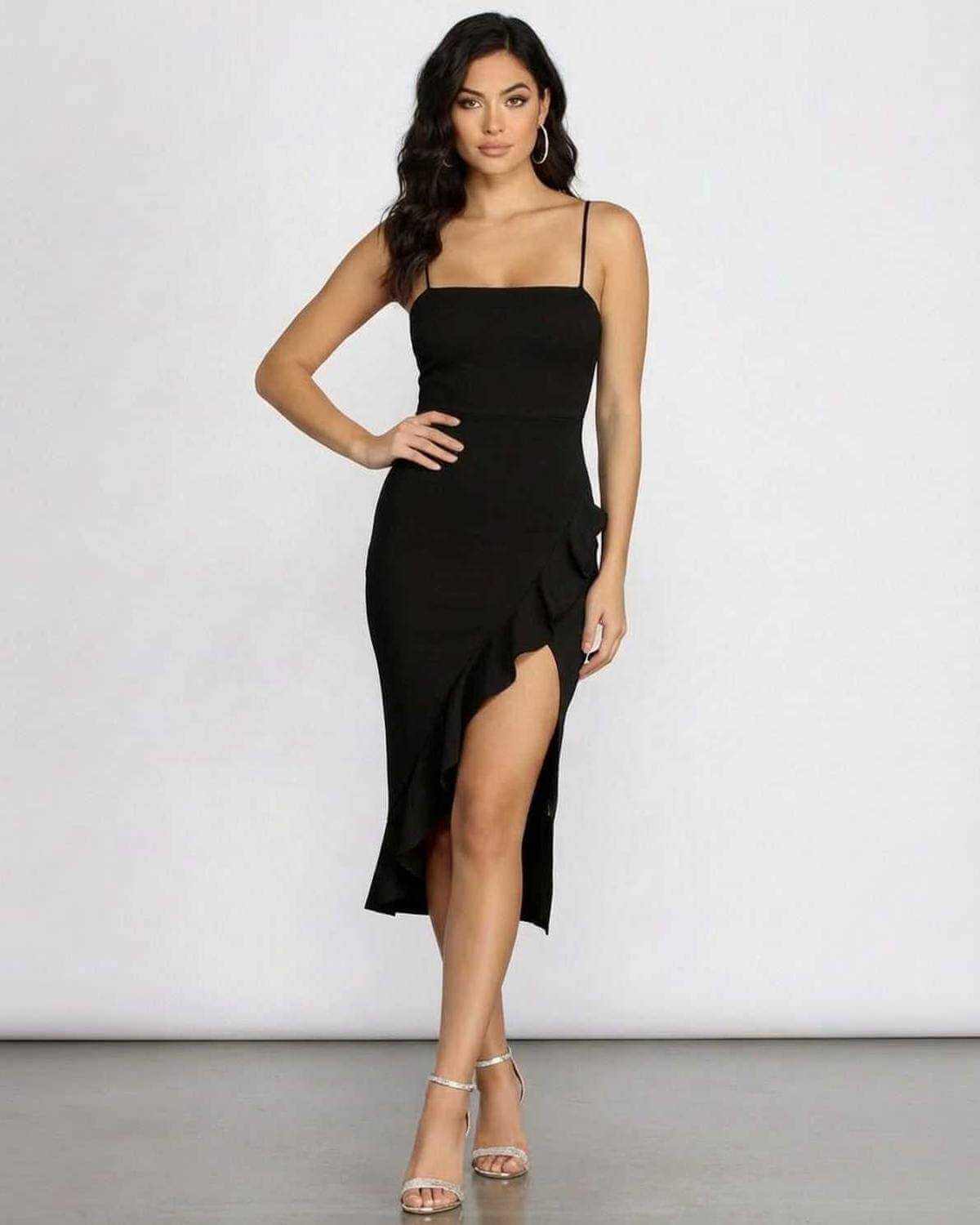 Selene Midi Dress by SLIMONA, elegant ruffle slit silhouette showcasing a sleek design for elevated occasions.