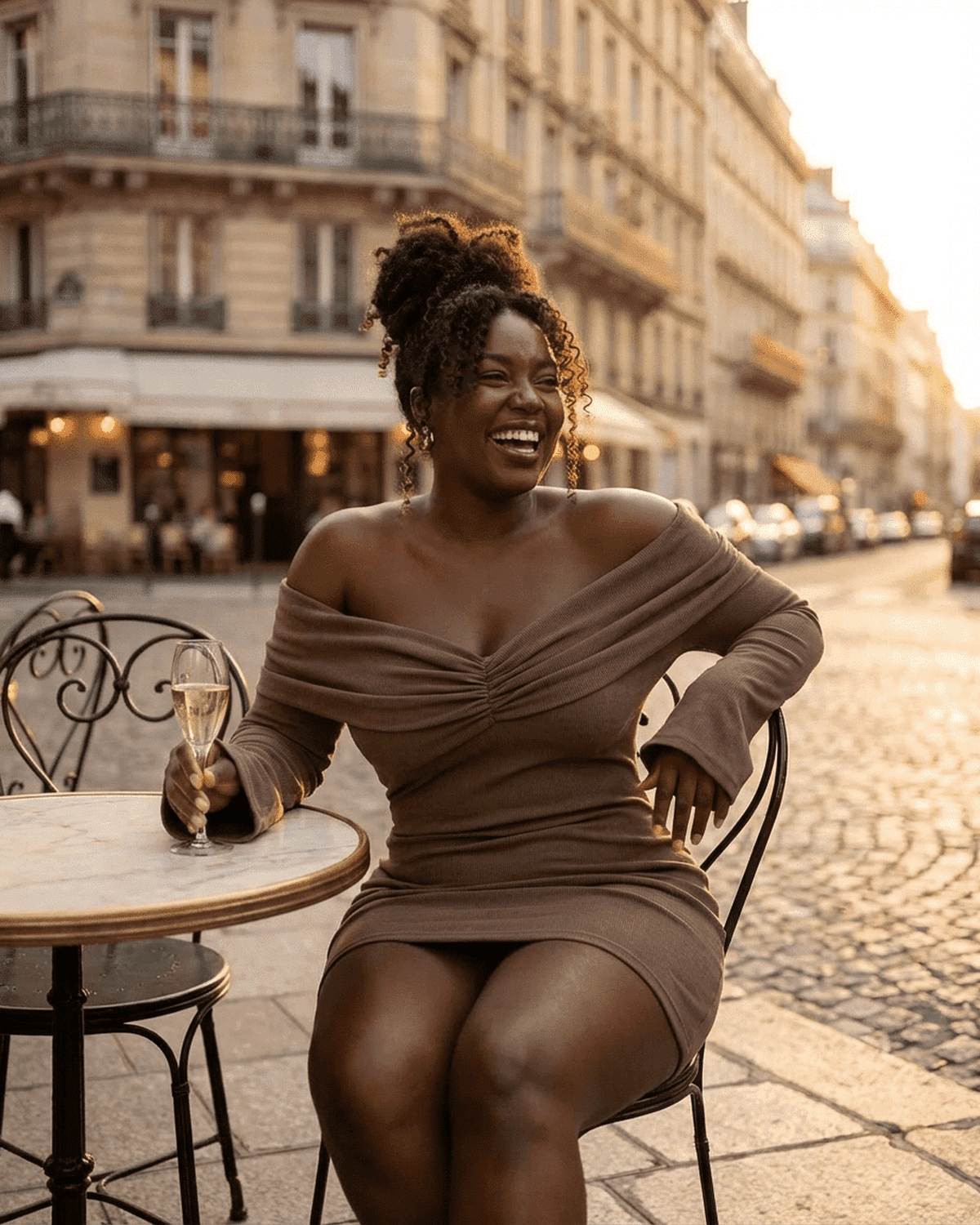 Model wearing the Selene Mini Brown off-shoulder dress by SLIMONA, enjoying a drink at a café.