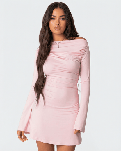 Selene Mini Dress by Lauven featuring an asymmetrical neckline and slim pencil silhouette in soft pink.