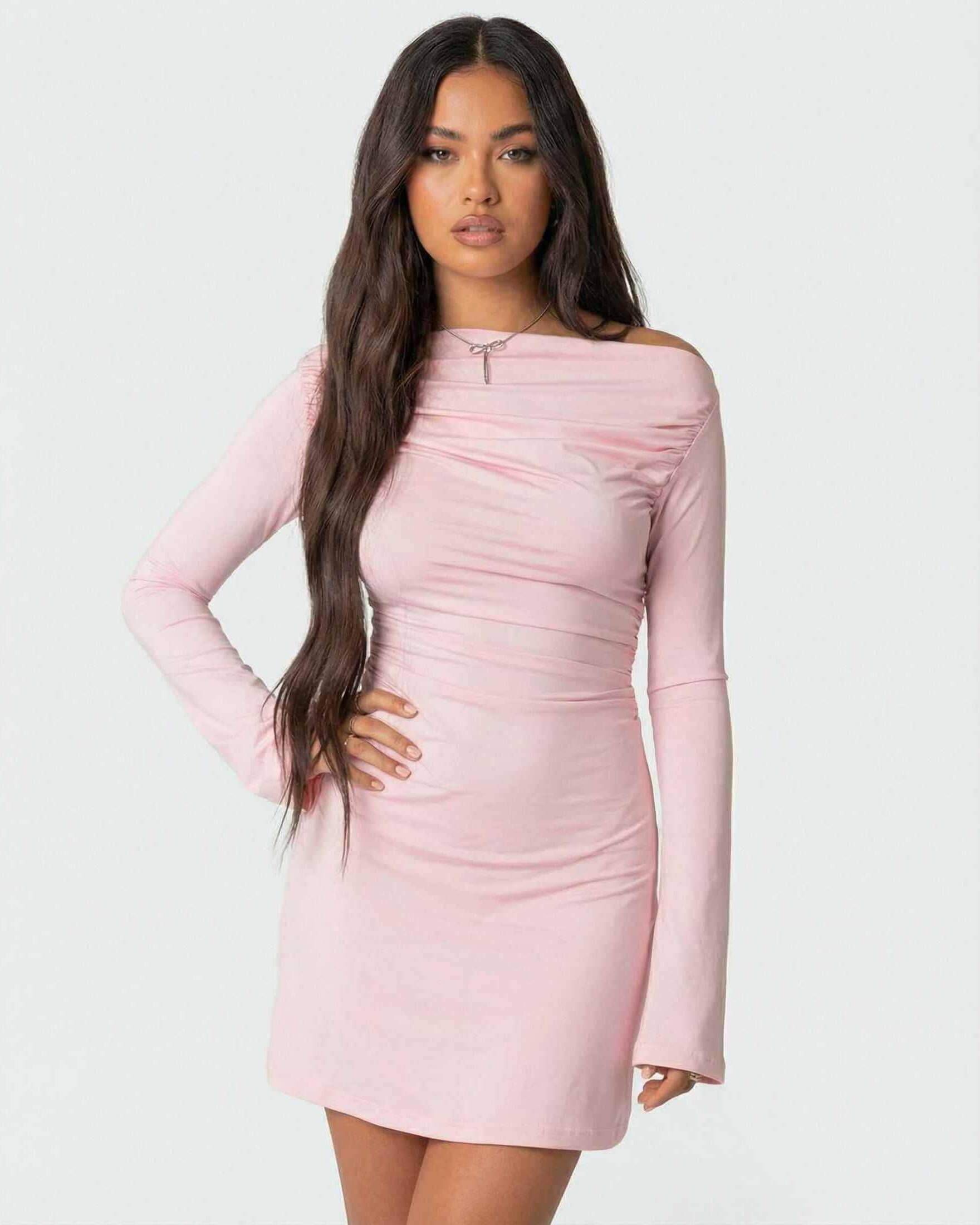 Selene Mini Dress by Lauven featuring an asymmetrical neckline and slim pencil silhouette in soft pink.