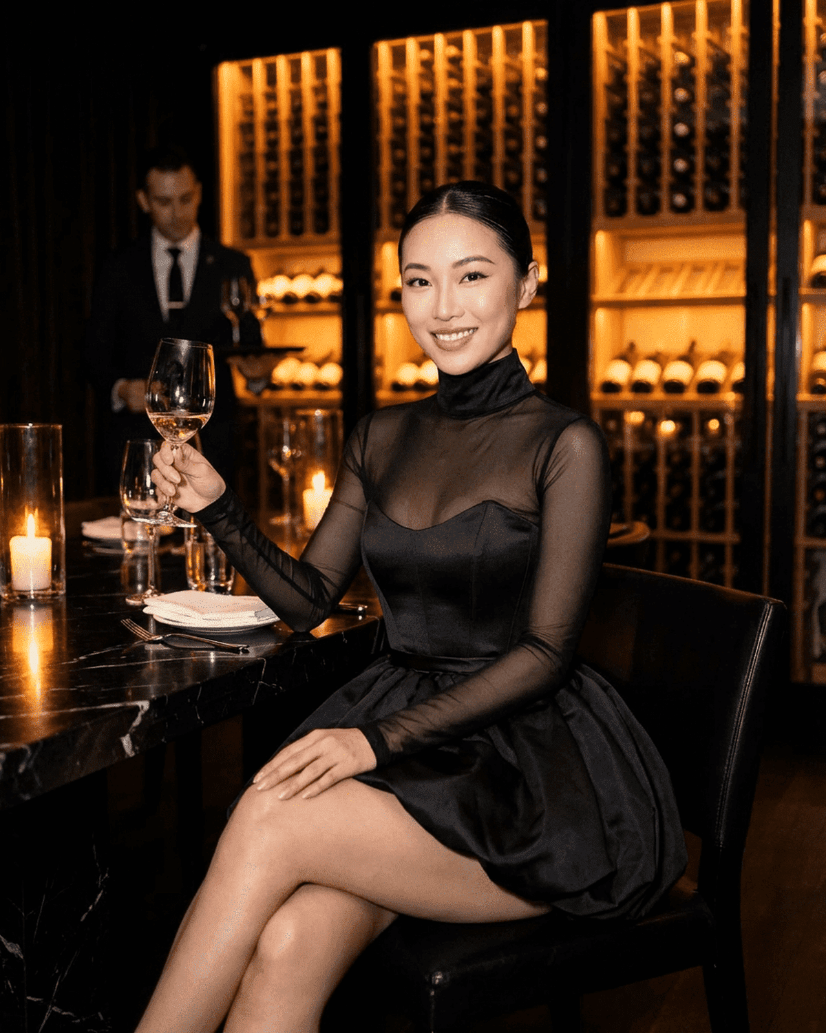 Elegant woman wearing the Selene Mini Dress by SLIMONA, posing with a glass of wine at a dimly lit restaurant.