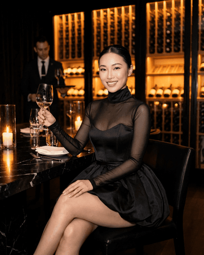 Elegant woman wearing the Selene Mini Dress by SLIMONA, posing with a glass of wine at a dimly lit restaurant.