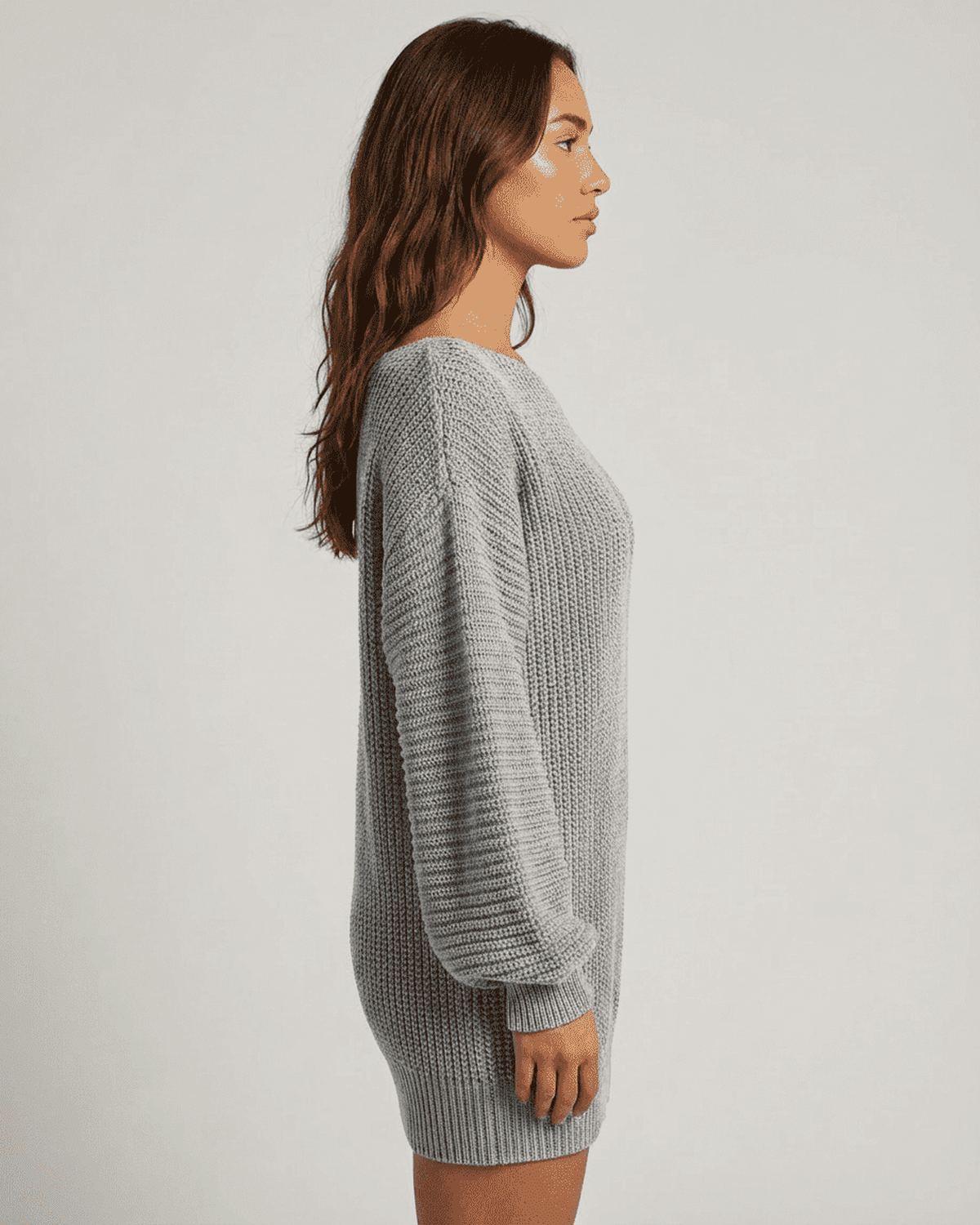 Selene Mini Dress by SLIMONA in grey ribbed knit, featuring off-the-shoulder design and lantern sleeves.