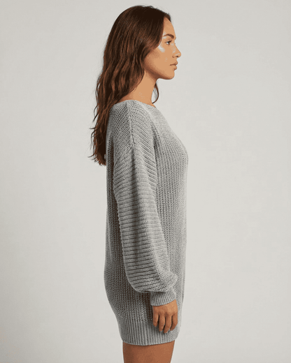 Selene Mini Dress by SLIMONA in grey ribbed knit, featuring off-the-shoulder design and lantern sleeves.