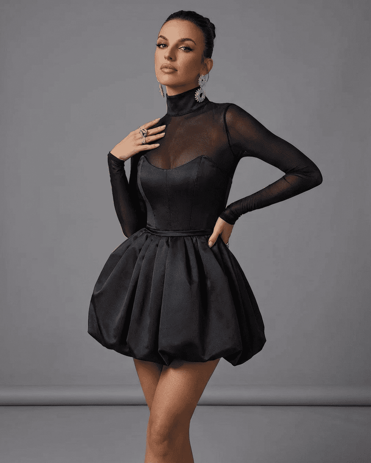Selene Mini Dress by SLIMONA featuring a mesh bubble hem design and elegant mock neckline, perfect for social occasions.