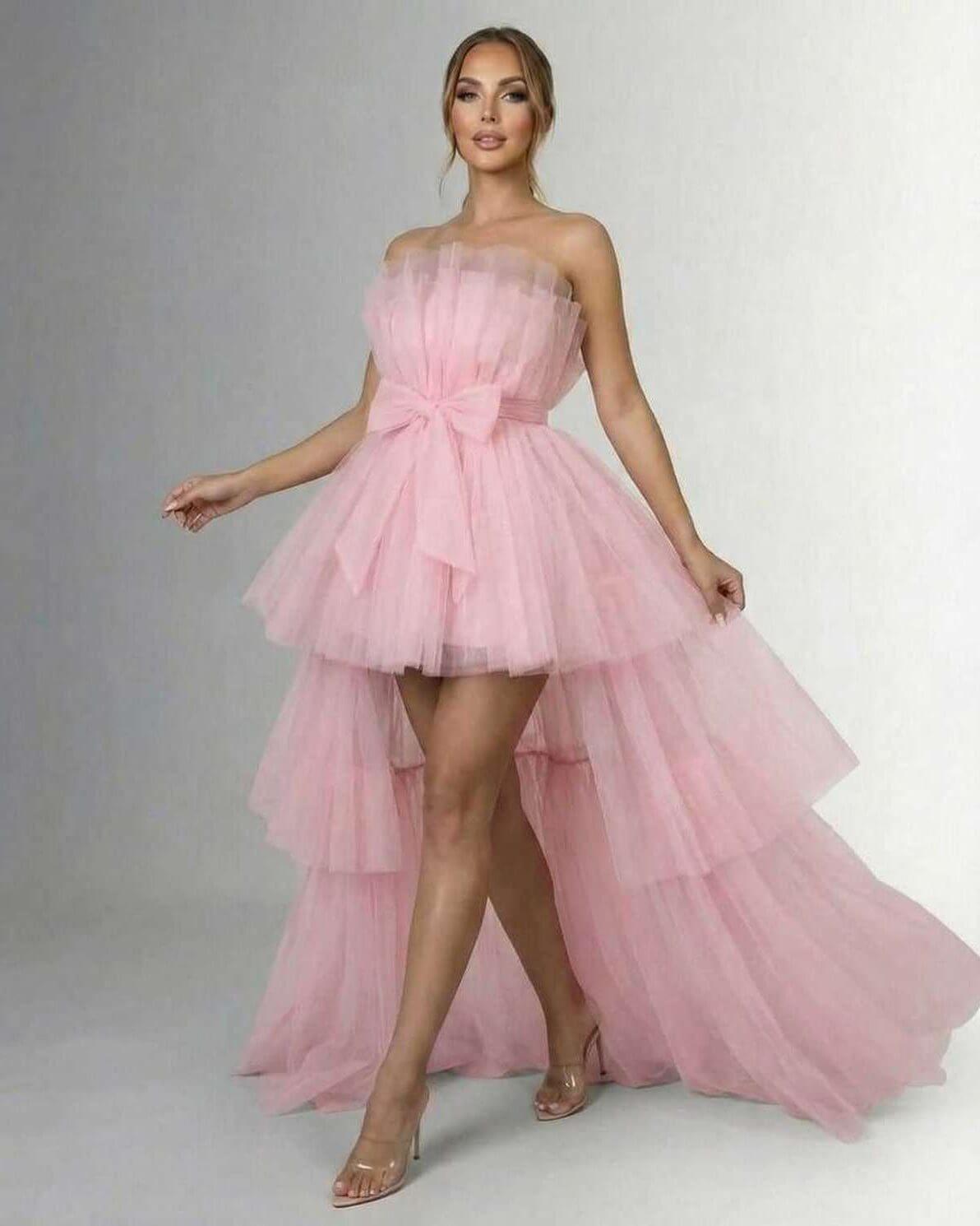 Seraphina Maxi Dress by Lauven, elegant strapless tulle gown with high-low design in soft pink.