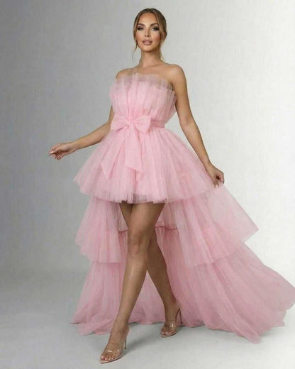 Seraphina Maxi Dress by Lauven, elegant strapless tulle gown with high-low design in soft pink.