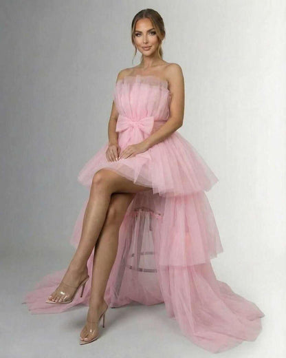 Seraphina Maxi Dress by Lauven, elegant strapless tulle high-low gown in soft pink fabric.