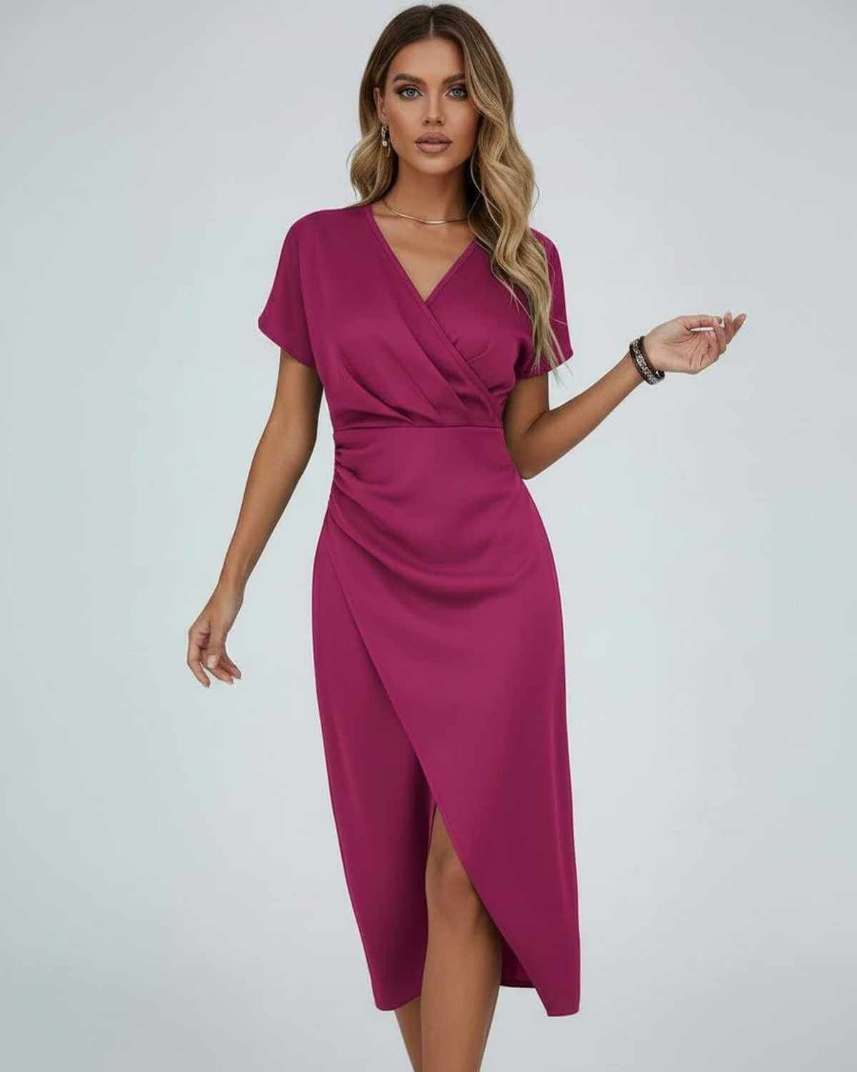 Seren Midi Dress by Lauven in elegant magenta with flattering wrap design and front slit.