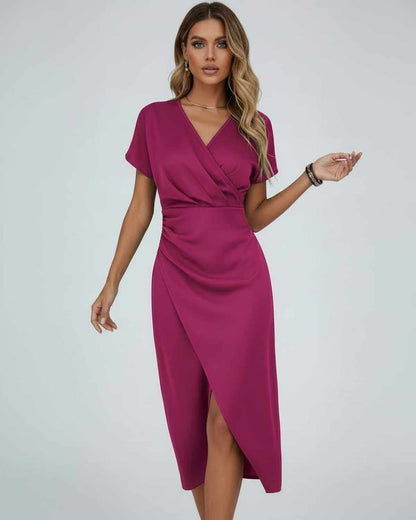 Seren Midi Dress by Lauven in elegant magenta with flattering wrap design and front slit.