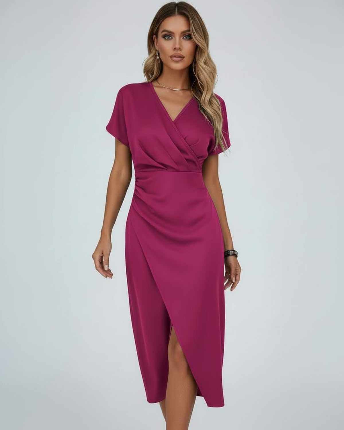 Seren Midi Dress by Lauven - Elegant magenta wrap dress with a flattering silhouette and short sleeves.