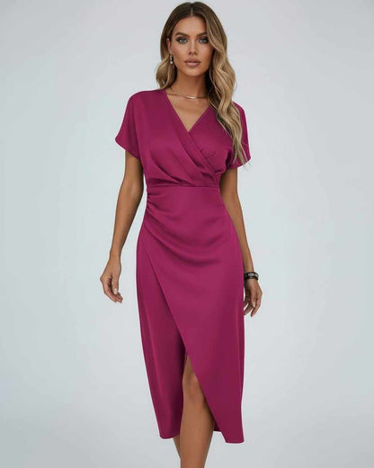 Seren Midi Dress by Lauven - Elegant magenta wrap dress with a flattering silhouette and short sleeves.