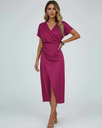 Lauven Seren Midi Dress in elegant magenta featuring a wrap design and flattering silhouette.