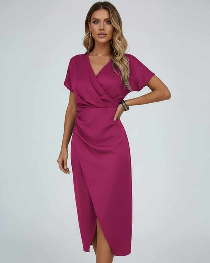 Seren Midi Dress by Lauven - Elegant magenta wrap dress with flattering silhouette and subtle front slit.