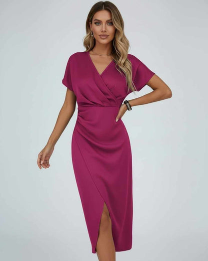 Seren Midi Dress by Lauven in elegant magenta with a flattering wrap design and front slit.