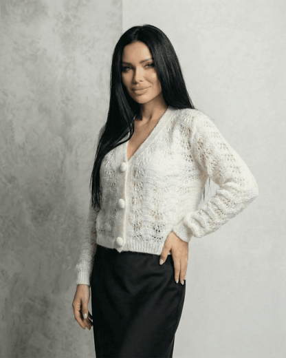 Serena Cardigan by SLIMONA, elegant lace knit V-neck button front cardigan for women.