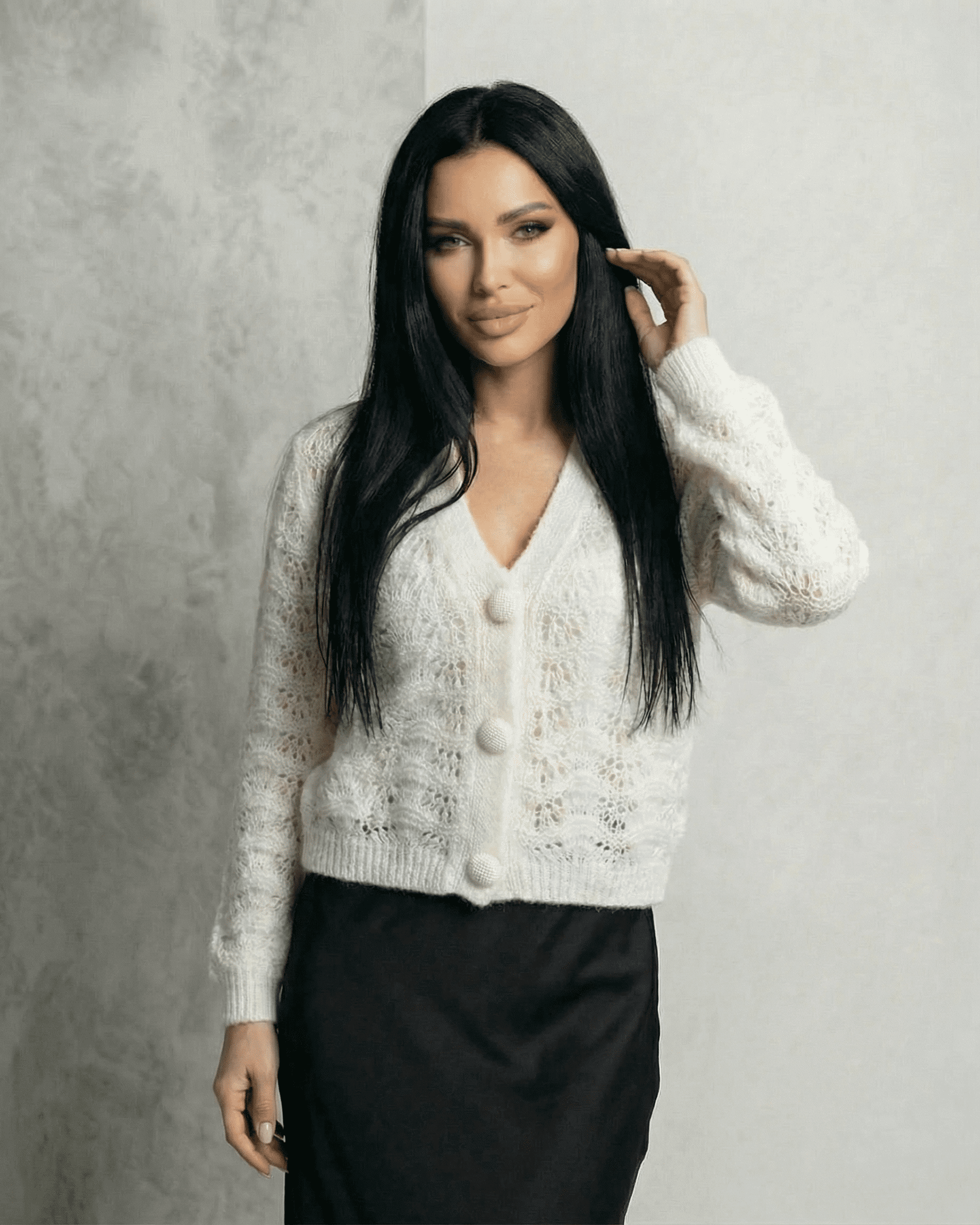 Serena Cardigan by SLIMONA featuring lace knit texture and V-neck design, perfect for elegant casual wear.