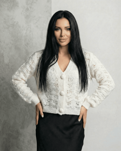 Serena Cardigan from SLIMONA featuring a lace knit texture and button front design, perfect for elegant everyday wear.