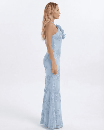 Serena Maxi Dress by SLIMONA, elegant light blue halter neck dress with 3D floral details and foil print.