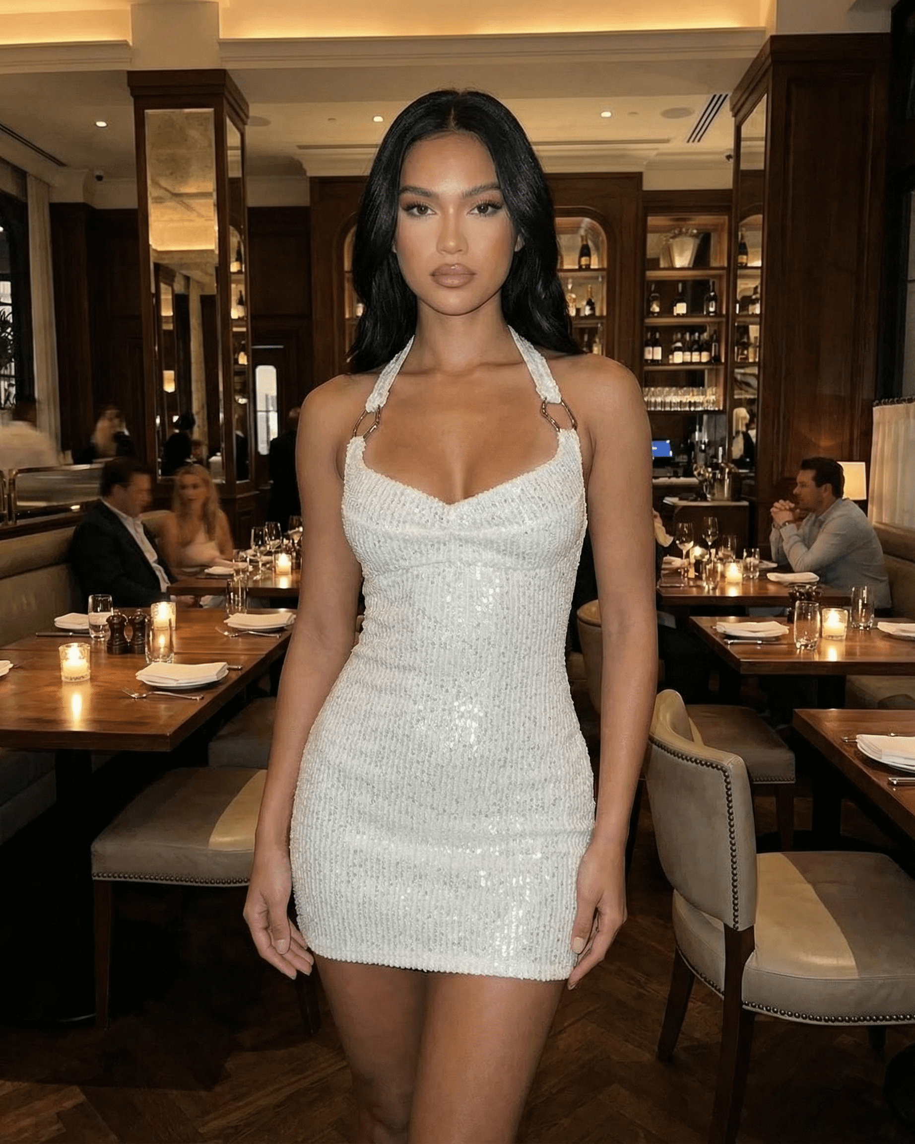 Serena Mini Dress by SLIMONA featuring a white sequin bodycon silhouette in a stylish restaurant setting.