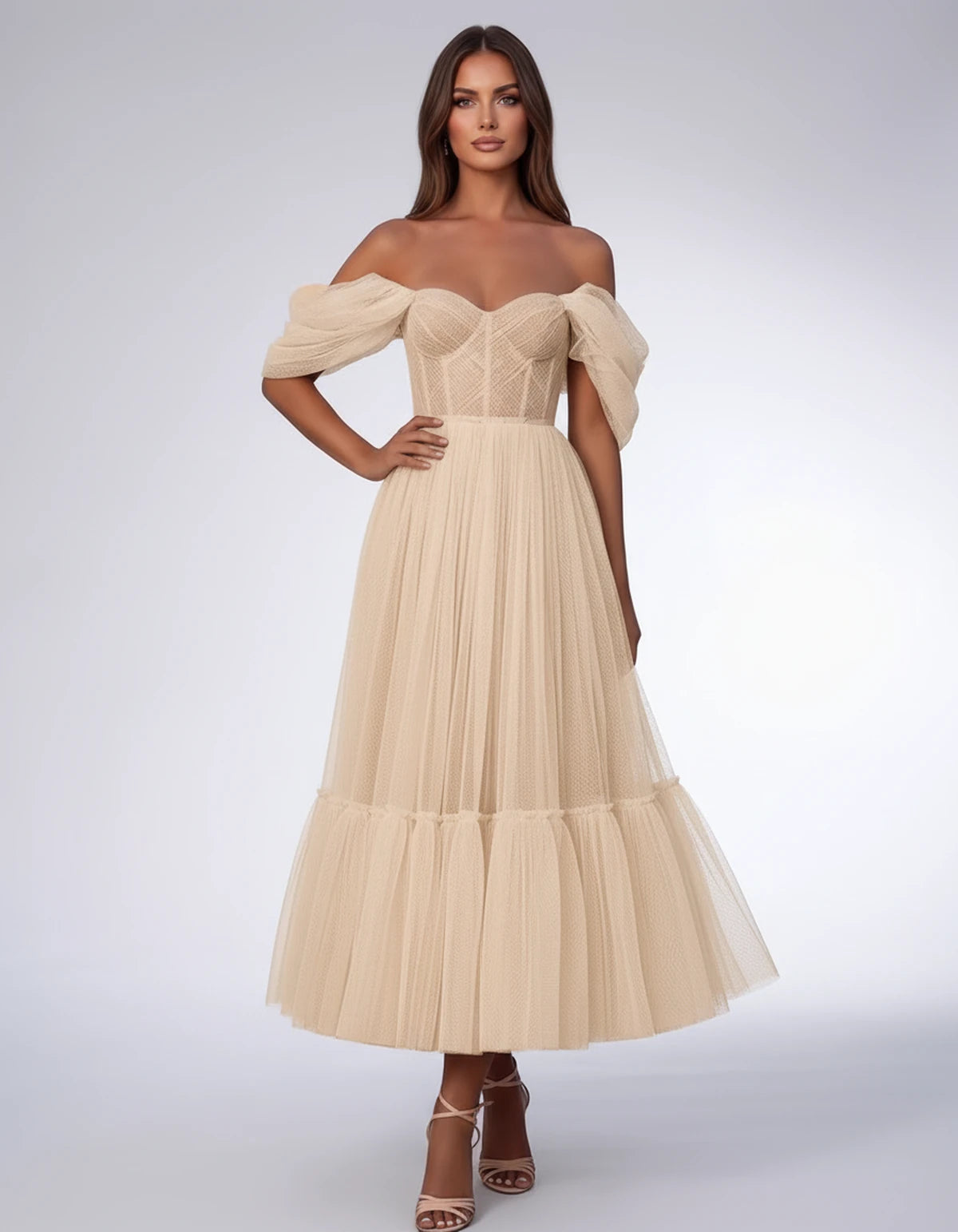 Severine Midi Dresses — Champagne | SKU: SD-31681-champagne-2,SD-31681-champagne-4,SD-31681-champagne-6,SD-31681-champagne-8,SD-31681-champagne-10,SD-31681-champagne-12,SD-31681-champagne-14,SD-31681-champagne-16,SD-31681-champagne-16W,SD-31681-champagne-18W,SD-31681-champagne-20W,SD-31681-champagne-22W