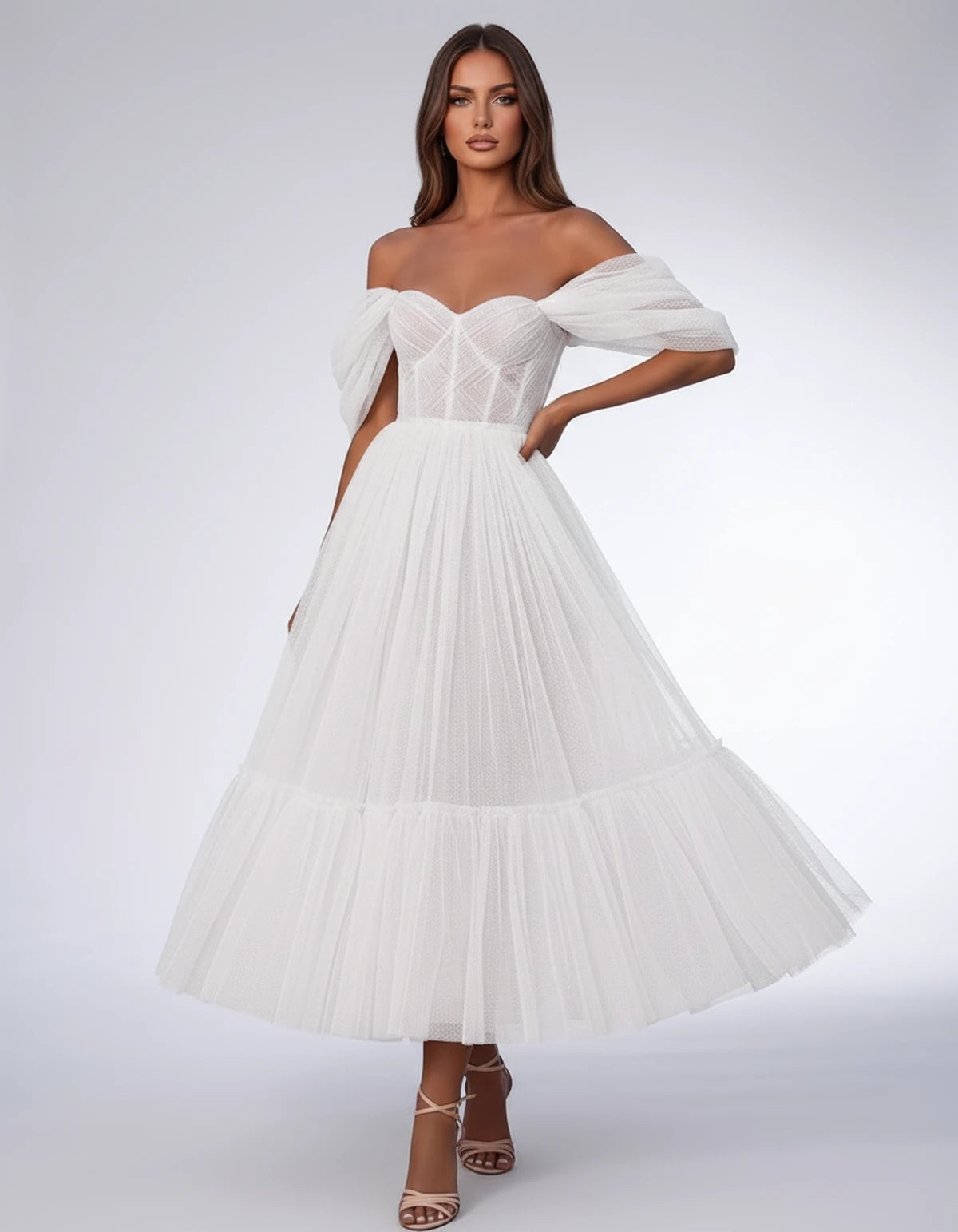 Severine Midi Dresses — White | SKU: SD-31681-white-2,SD-31681-white-4,SD-31681-white-6,SD-31681-white-8,SD-31681-white-10,SD-31681-white-12,SD-31681-white-14,SD-31681-white-16,SD-31681-white-16W,SD-31681-white-18W,SD-31681-white-20W,SD-31681-white-22W