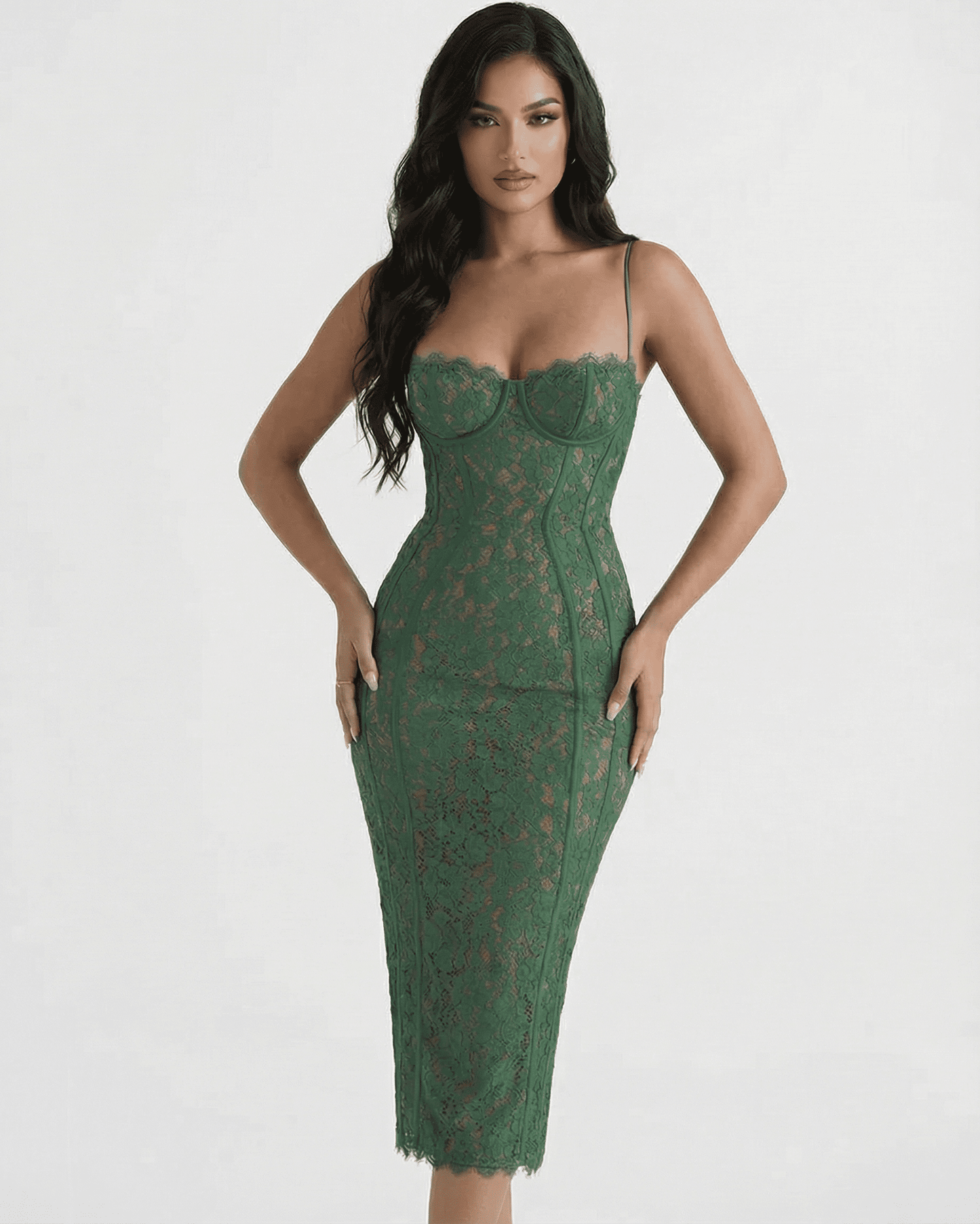 Siena Midi Dress by SLIMONA - Elegant green lace sheath with sculpting high waist for refined occasions.