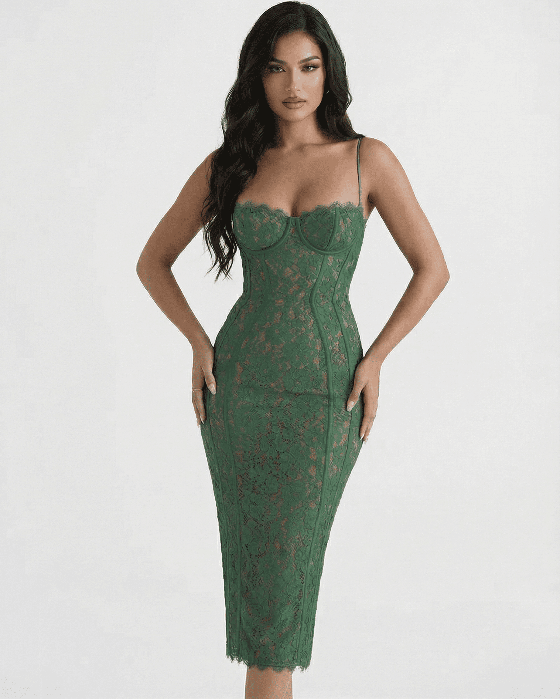 Siena Midi Dress by SLIMONA - Elegant green lace sheath with sculpting high waist for refined occasions.