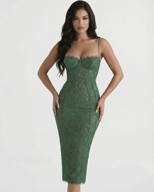 Siena Midi Dress by SLIMONA - Elegant green lace sheath with sculpting high waist for refined occasions.
