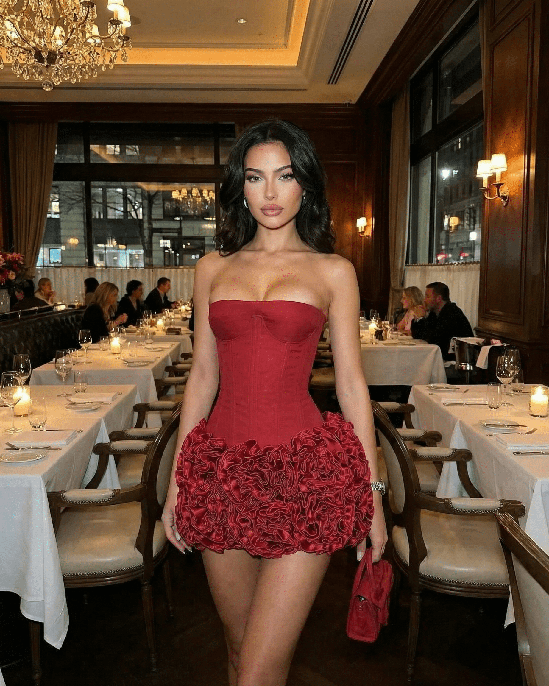 Siena Mini Dress by SLIMONA featuring a strapless corset silhouette and textured mini skirt in rich red.