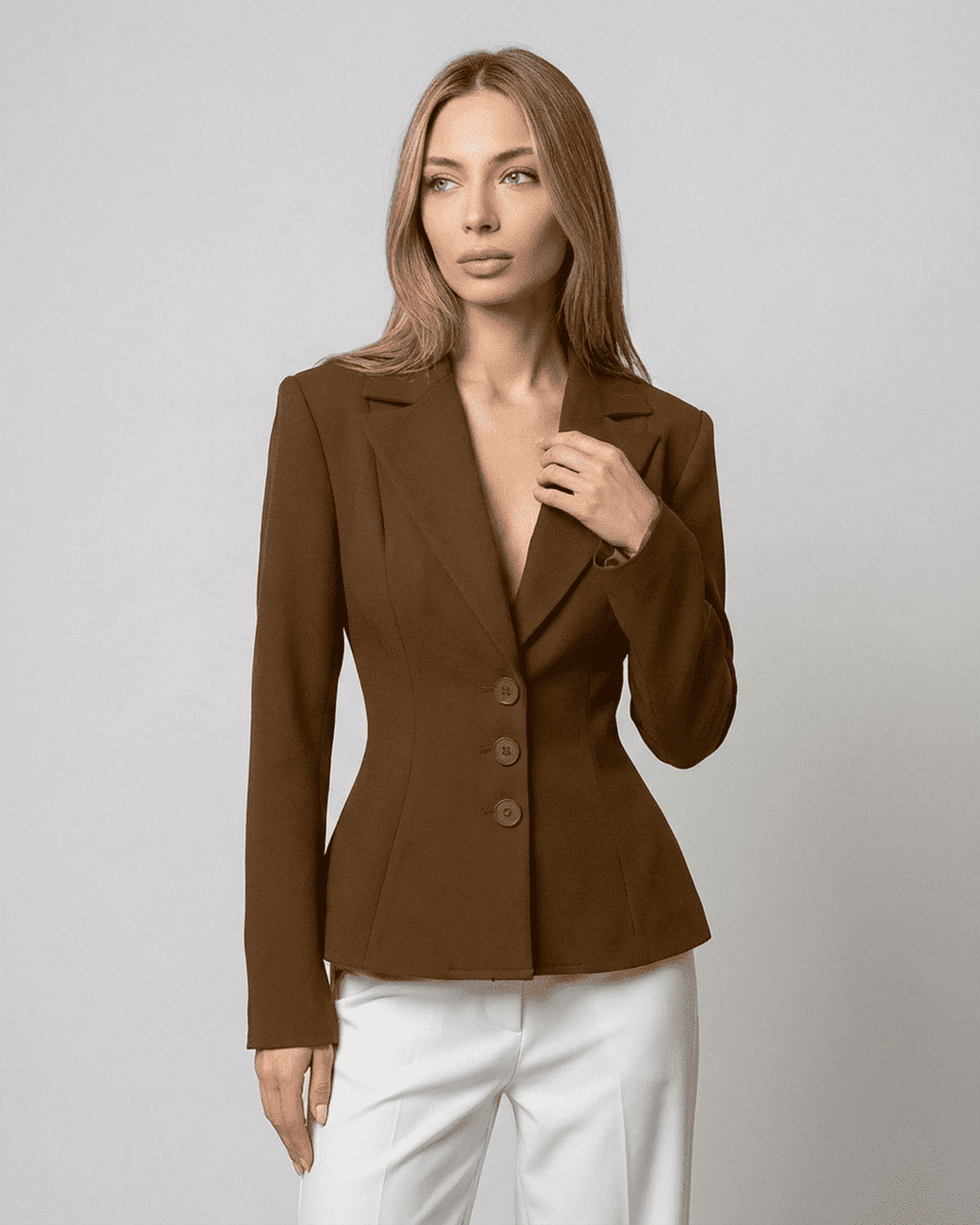 Sienna Blazer by SLIMONA, fitted waist V-neck tailored silhouette in brown, perfect for modern workwear.