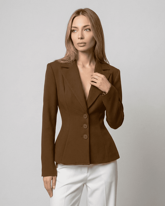 Sienna Blazer by SLIMONA, fitted waist V-neck tailored silhouette in brown, perfect for modern workwear.
