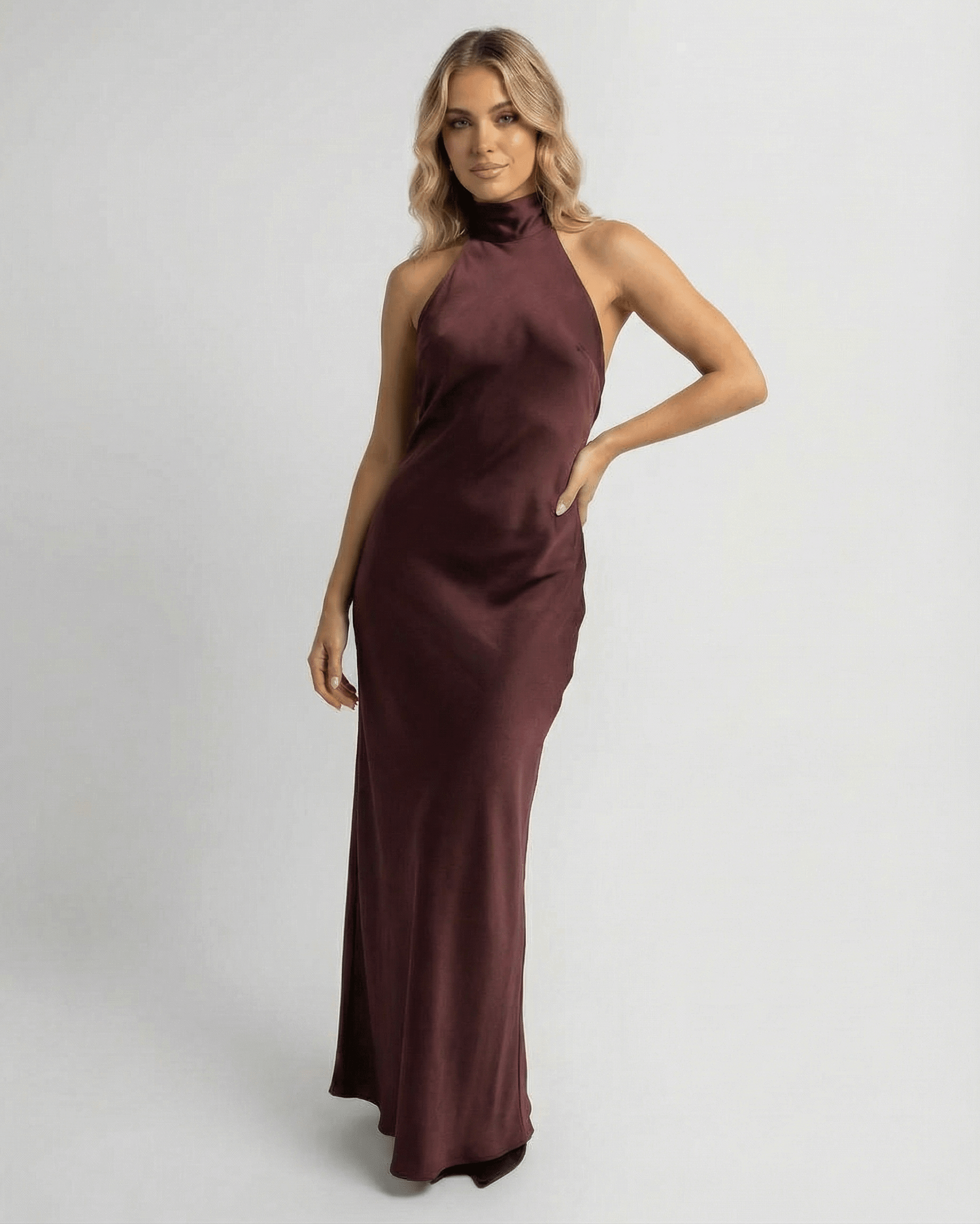 Sienna Maxi Dress by Lauven, Satin Halter Maxi Dress in rich burgundy with sleek sheath silhouette.