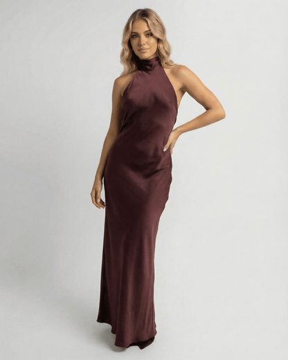 Sienna Maxi Dress by Lauven, Satin Halter Maxi Dress in rich burgundy with sleek sheath silhouette.