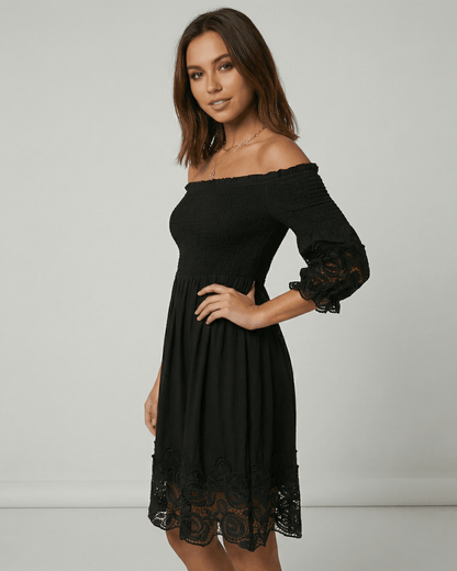 Sienna Midi Dress by Lauven, Women’s black off shoulder midi dress with lace detail and A-Line silhouette.