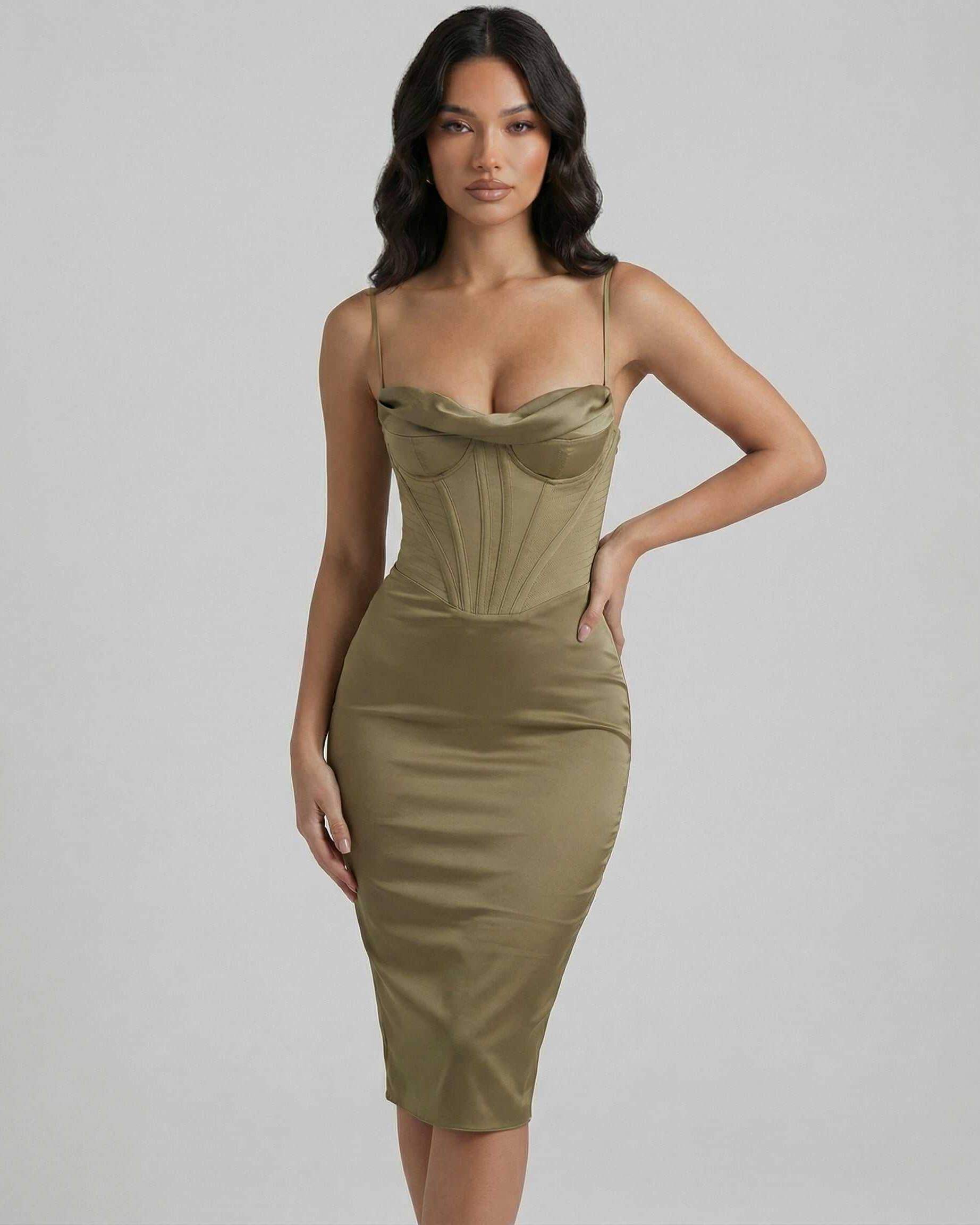 Sienna Midi Dress by Lauven - Olive satin corset dress for elegant evening and cocktail events.