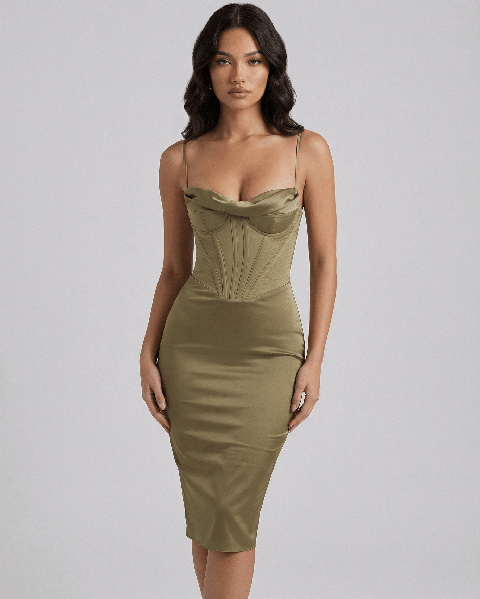 Sienna Midi Dress by Lauven, olive satin corset midi dress showcasing elegant structure and refined shine.