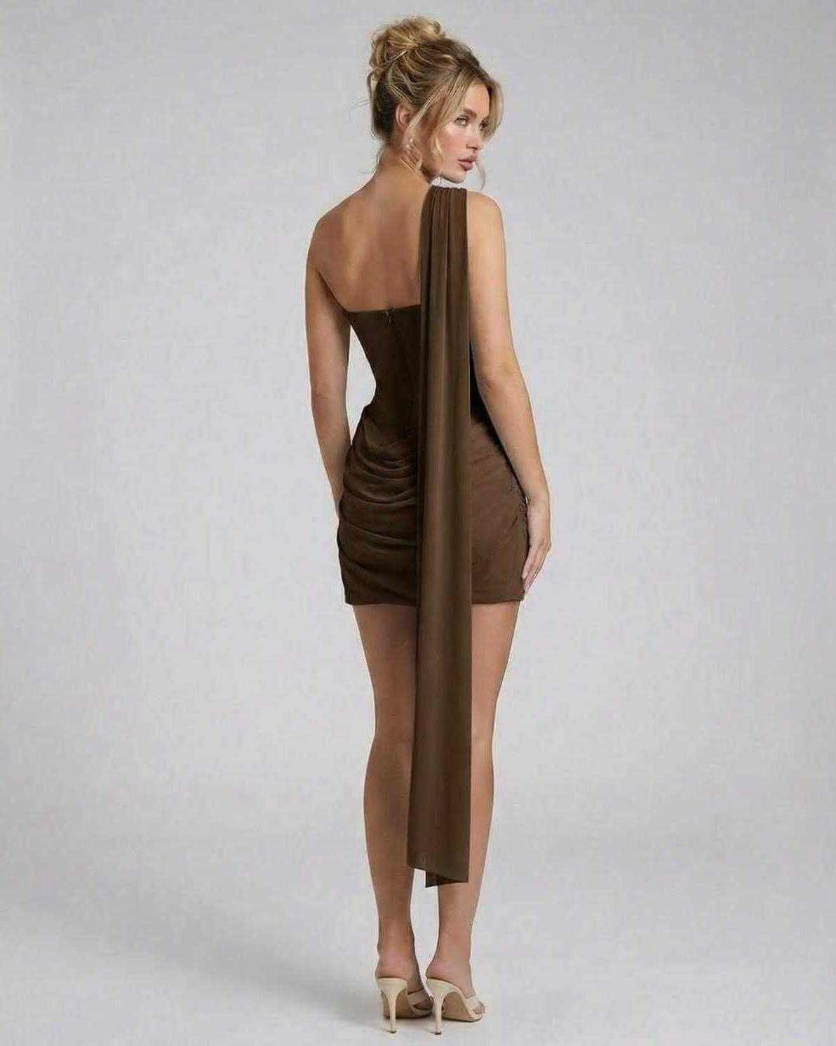 Sienna Mini Dress by Lauven featuring a one-shoulder design with draped ruffle detail at the back.