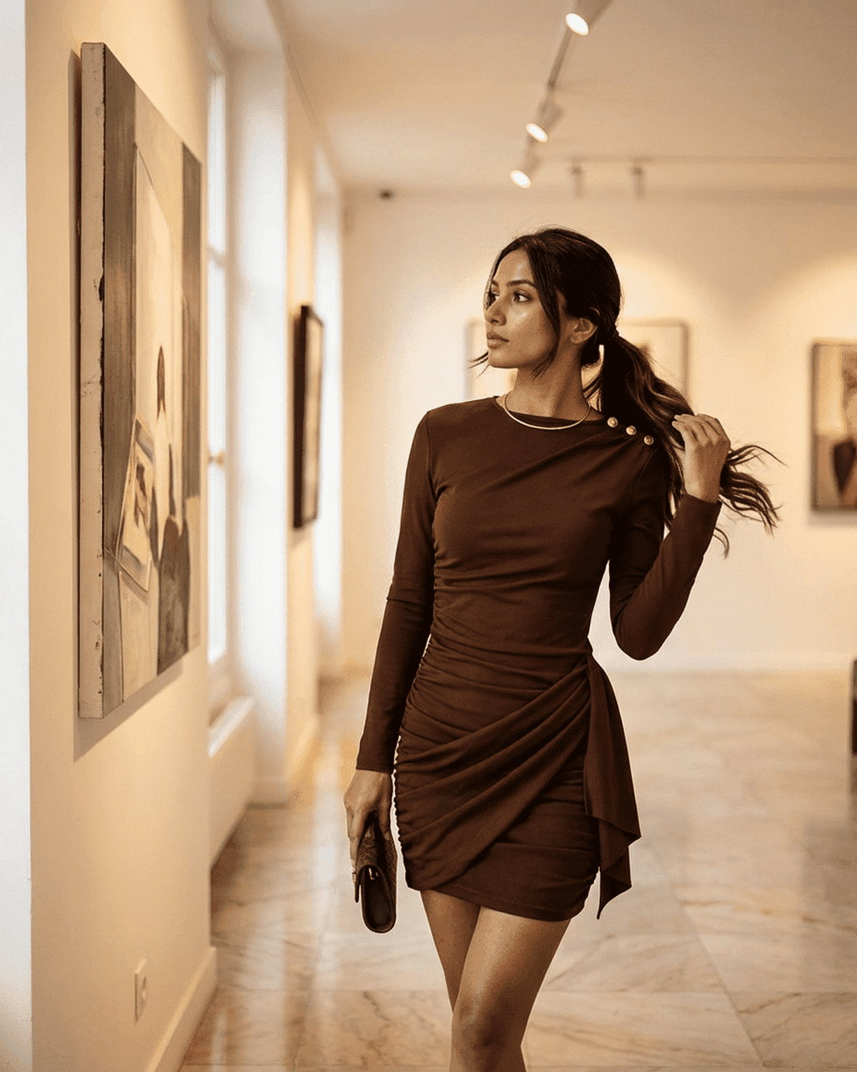 Sienna Mini Dress by SLIMONA worn by a woman in an art gallery, featuring ruched design and fitted bodycon style.
