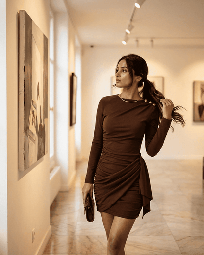 Sienna Mini Dress by SLIMONA worn by a woman in an art gallery, featuring ruched design and fitted bodycon style.