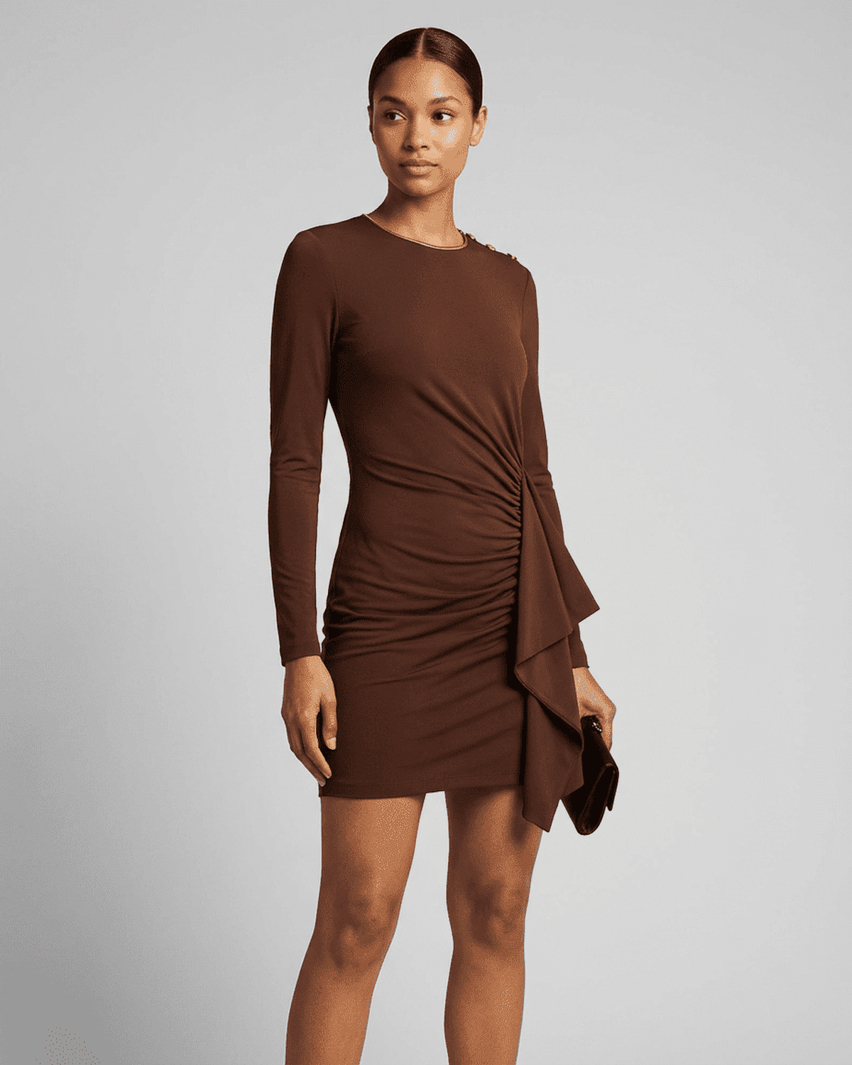 Sienna Mini Dress by SLIMONA in brown with ruched detailing and long sleeves, showcasing a fitted bodycon silhouette.