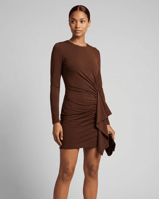 Sienna Mini Dress by SLIMONA in brown with ruched detailing and long sleeves, showcasing a fitted bodycon silhouette.