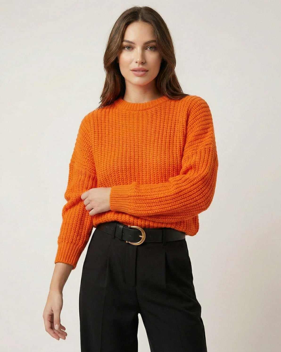 Sienna Sweater by Lauven in bright orange knit texture, featuring a relaxed silhouette for casual wear.