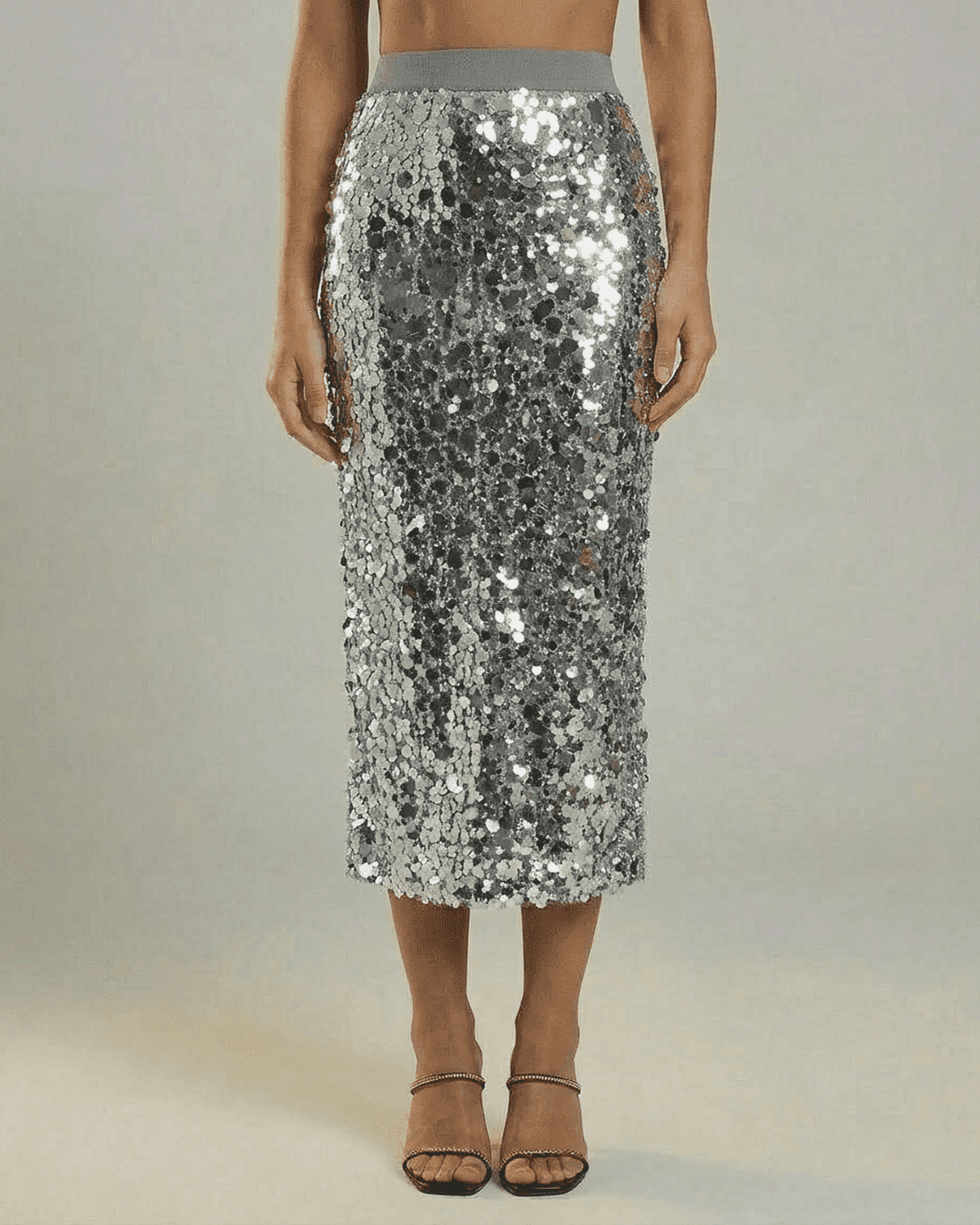 Silvara Midi Skirt by SLIMONA - Sequin high waist bodycon skirt in sophisticated grey tone.