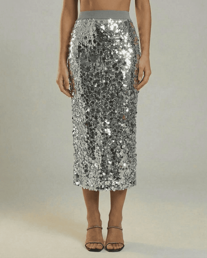 Silvara Midi Skirt by SLIMONA - Sequin high waist bodycon skirt in sophisticated grey tone.
